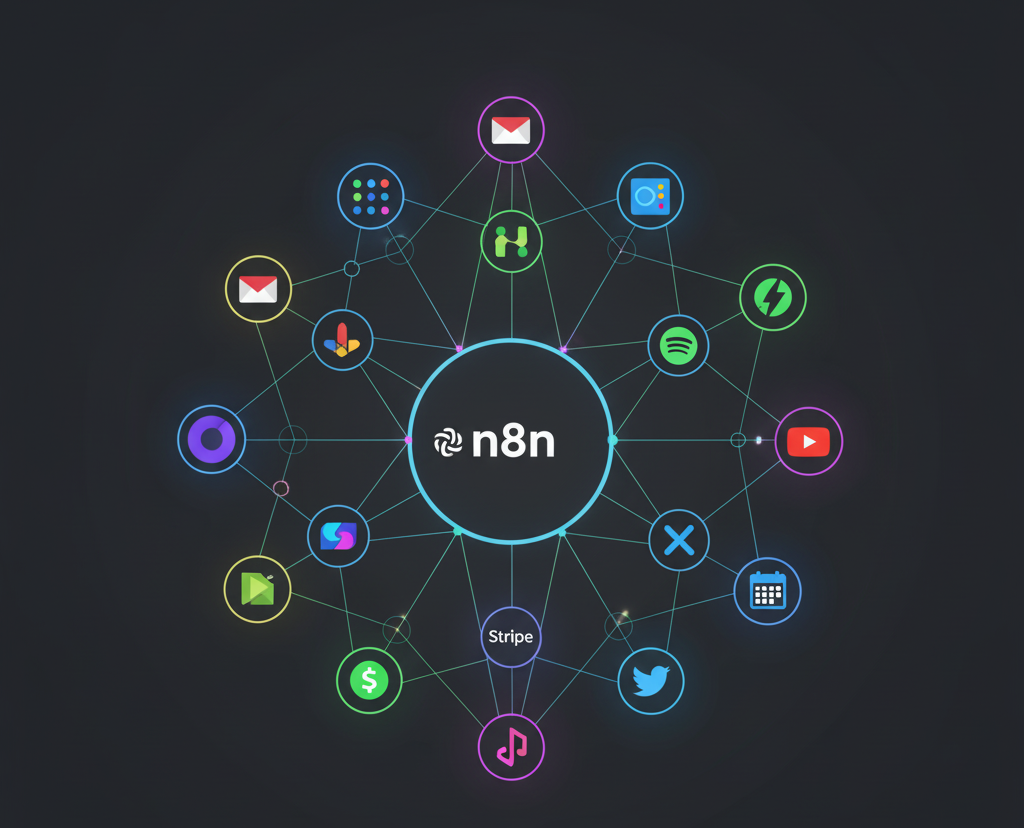 n8n hub diagram by Alfaz Mahmud Rizve showing multiple SaaS tools connected in one automation workflow