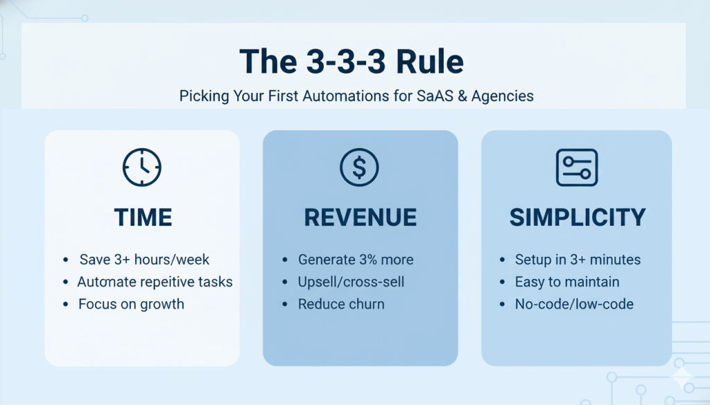 nfographic of the 3–3–3 rule for picking first automations for SaaS and agencies by Alfaz Mahmud Rizve