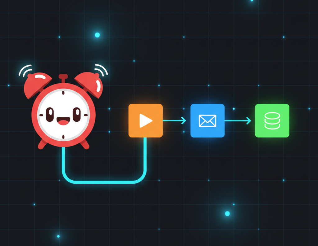 Trigger concept for n8n automation with alarm clock and workflow blocks, illustrated by Alfaz Mahmud Rizve.