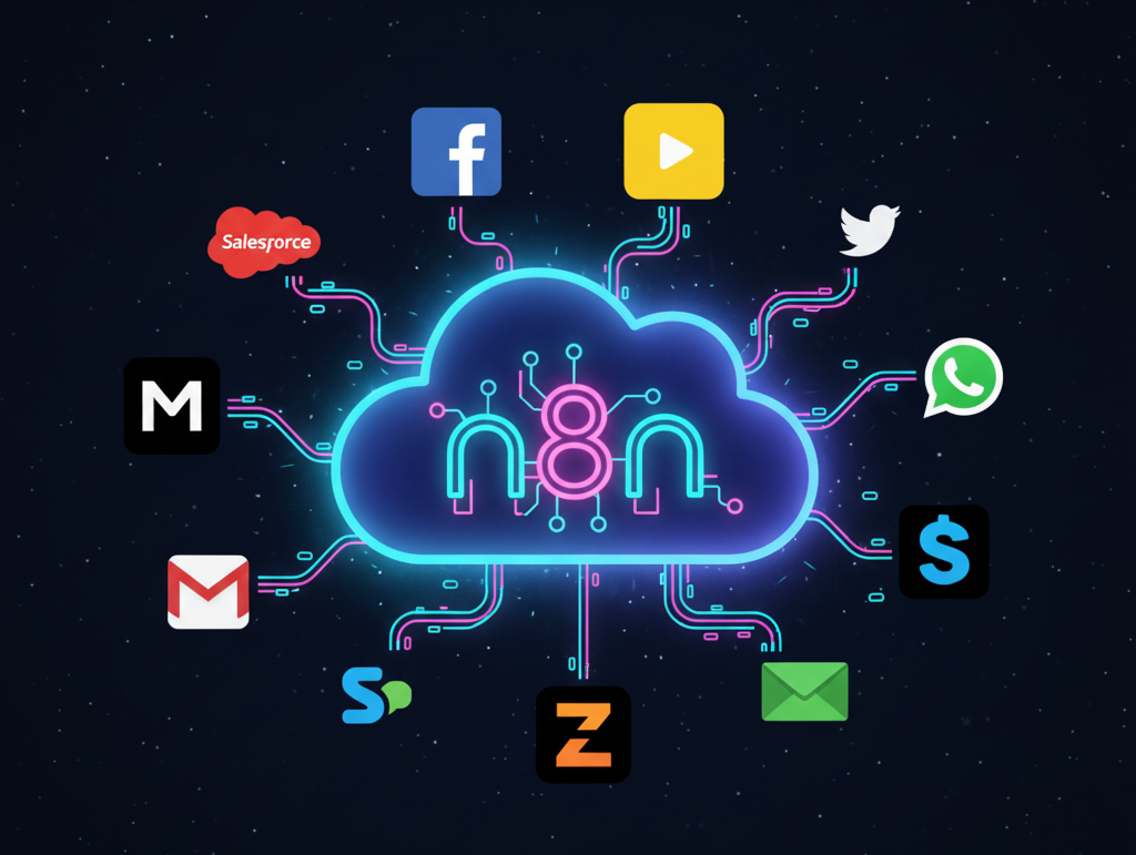 Alfaz Mahmud Rizve explaining what n8n is and how to set it up on cloud or self-hosted, with apps connected around an automation hub