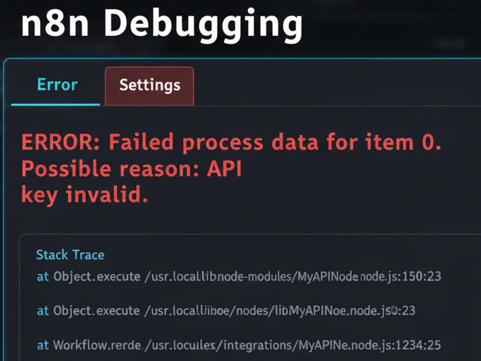 n8n debugging panel displaying error message and stack trace by Alfaz Mahmud Rizve for workflow troubleshooting
