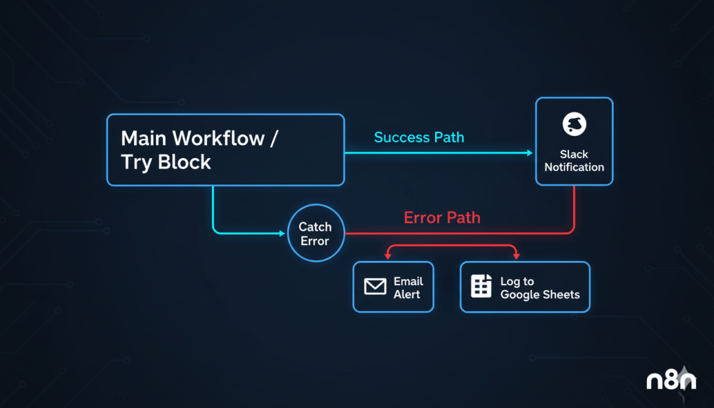 Try-Catch error handling pattern in n8n workflow splitting success and error paths by Alfaz Mahmud Rizve for production automation
