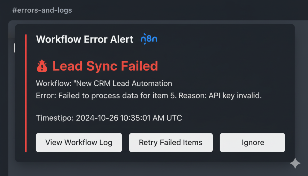 Screenshot-style illustration of a Slack notification alert showing workflow error message: 'Lead Sync Failed', error details, timestamp, and action buttons, modern Slack UI with blue and white colors, clean typography, showing professionalism and clarity for team alerts