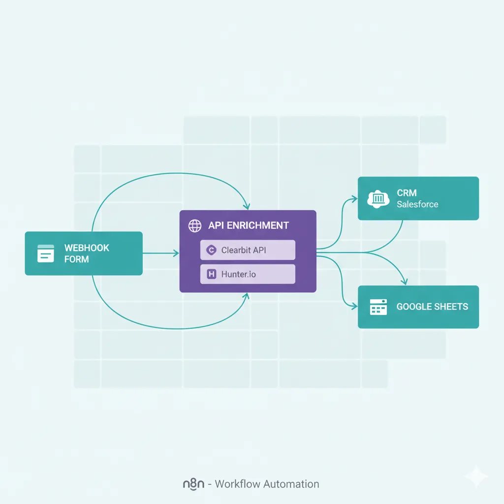 Diagram of a lead enrichment with n8n workflow where a new lead from a form moves into an API enrichment step and then into CRM and Google Sheets, emphasizing automatic company, website, and location enrichment. Visual created to illustrate how automation consultant Alfaz Mahmud Rizve designs scalable lead enrichment with n8n for SaaS and agencies on whoisalfaz.me, highlighting each node in the workflow and the flow of enriched data for better sales operations