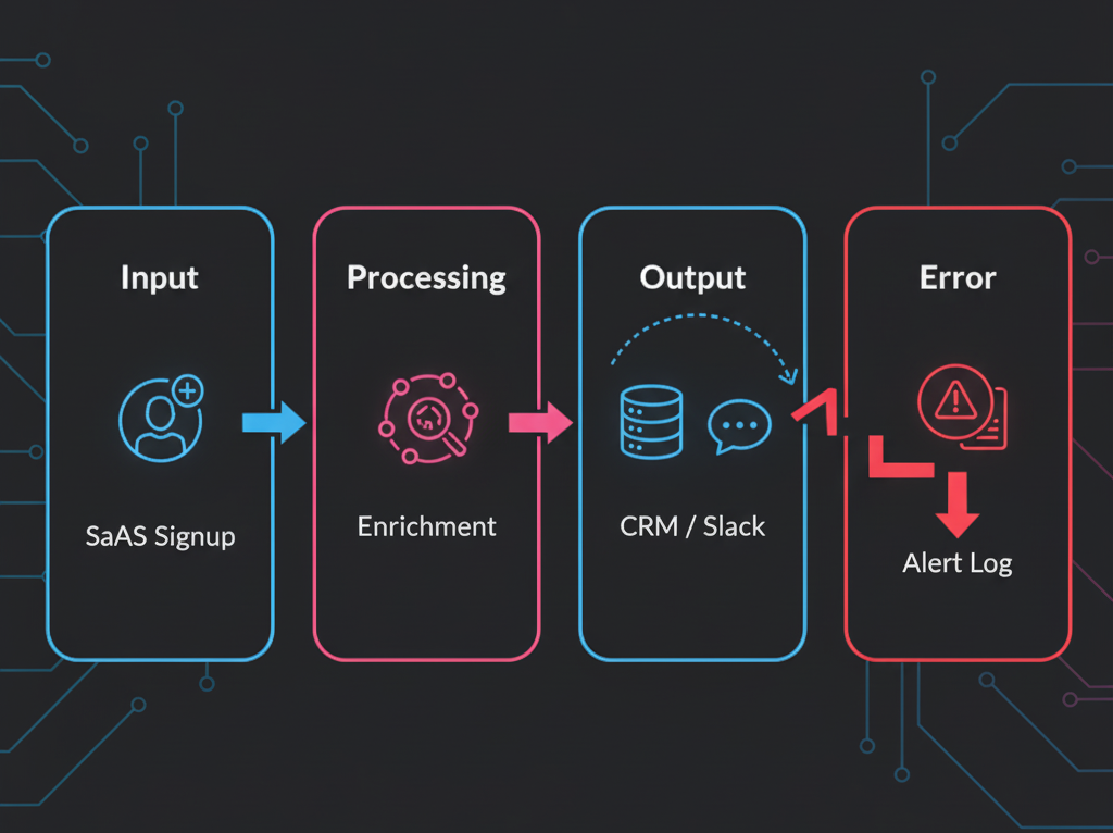 Example SaaS trial signup workflow showing input, processing, output and error path steps designed by Alfaz Mahmud Rizve in n8n.
