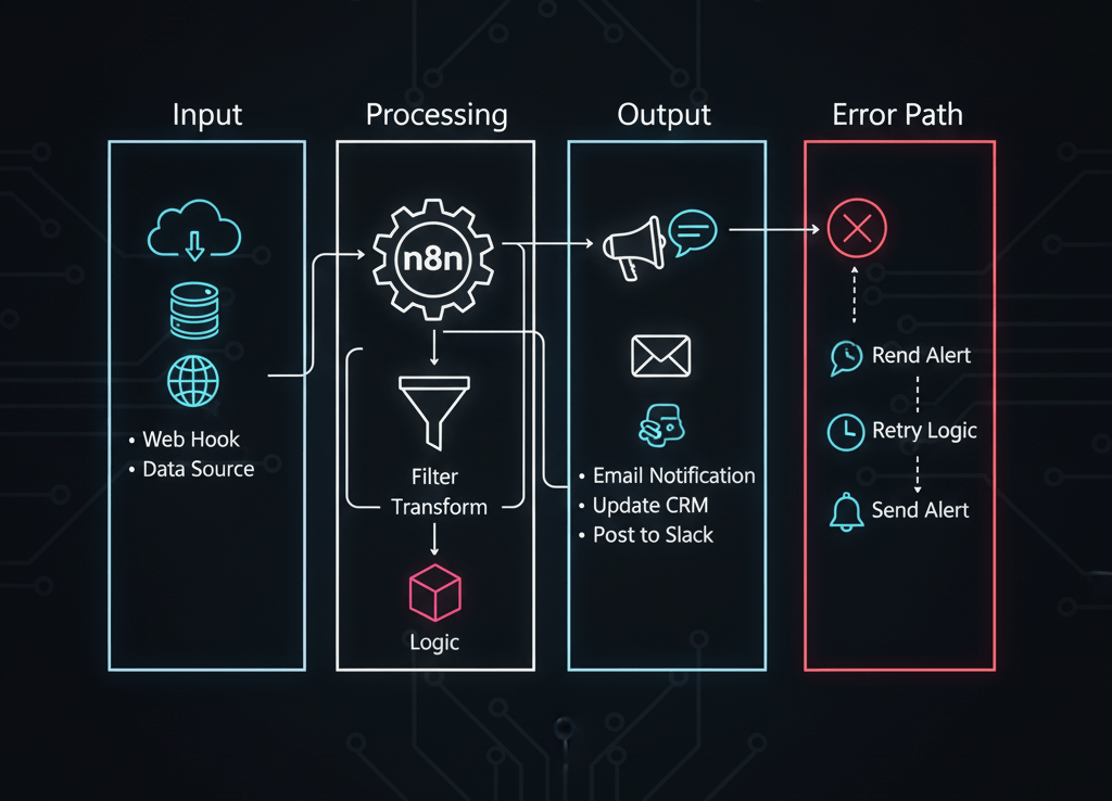 Different workflow inputs like forms, webhooks and schedules feeding into n8n, illustrated by Alfaz Mahmud Rizve