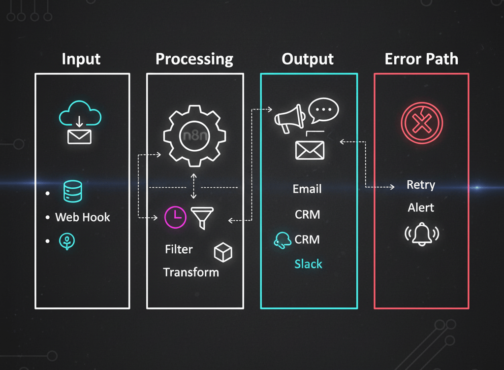 n8n workflow design best practices, Inputs, processing, outputs and error paths workflow model explained by Alfaz Mahmud Rizve for n8n automation design