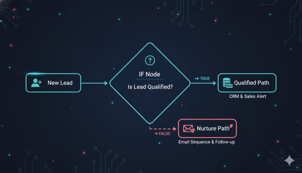 IF node branching logic in n8n core nodes splitting qualified leads from nurture paths by Alfaz Mahmud Rizve for agencies