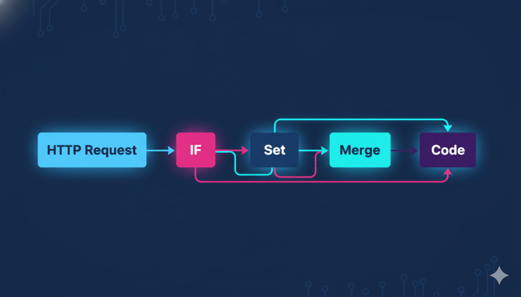 Essential n8n core nodes diagram showing HTTP Request IF Set Merge and Code nodes connected in a workflow by Alfaz Mahmud Rizve for SaaS automation