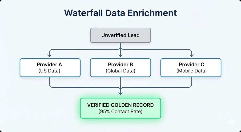 Waterfall enrichment logic diagram for outstanding ideas for B2B lead generation, explained by Alfaz Mahmud Rizve at whoisalfaz.me.