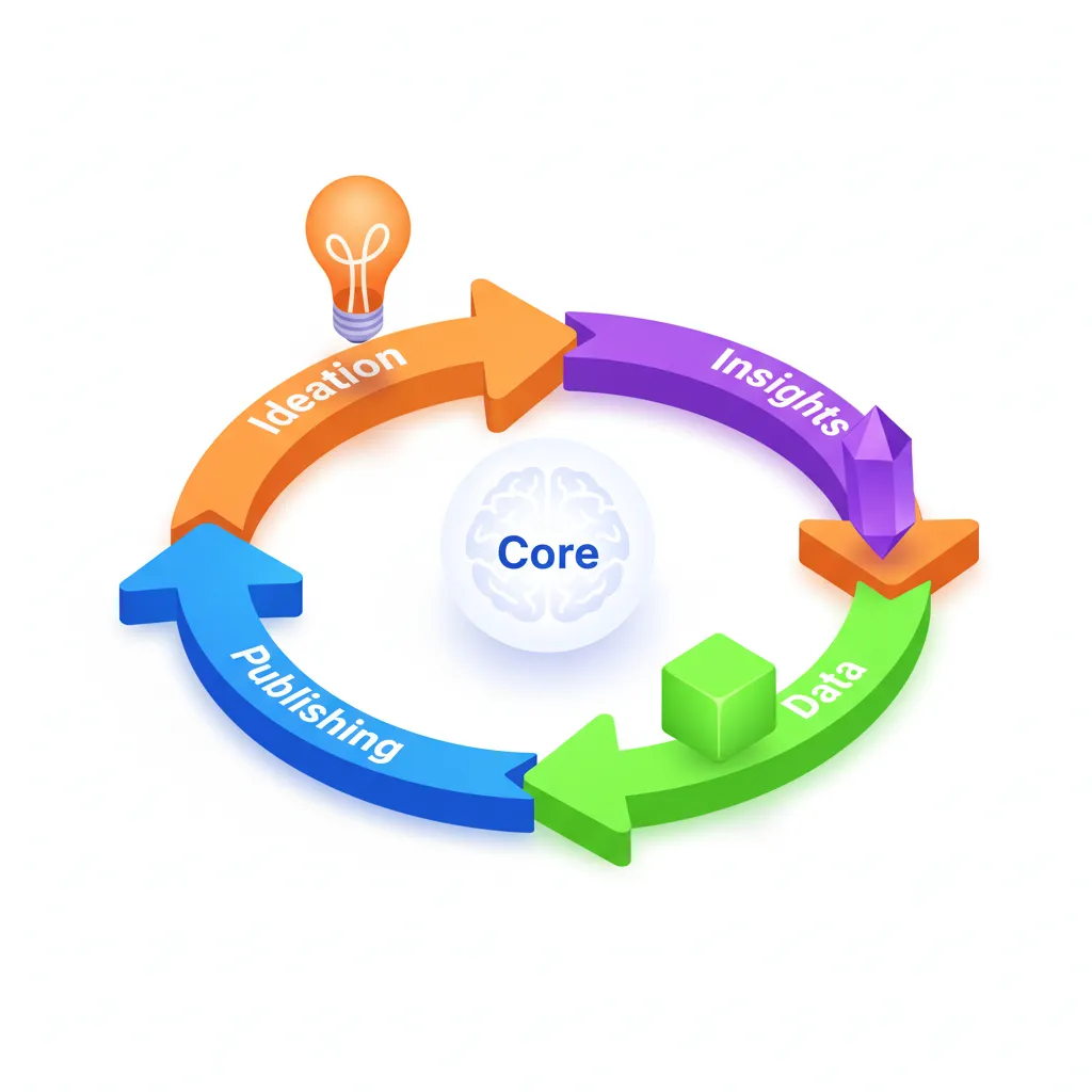Illustration of the "Infinite Loop" concept where content creates data which fuels new content, automated by n8n by Alfaz Mahmud rizve at whoisalfaz.me