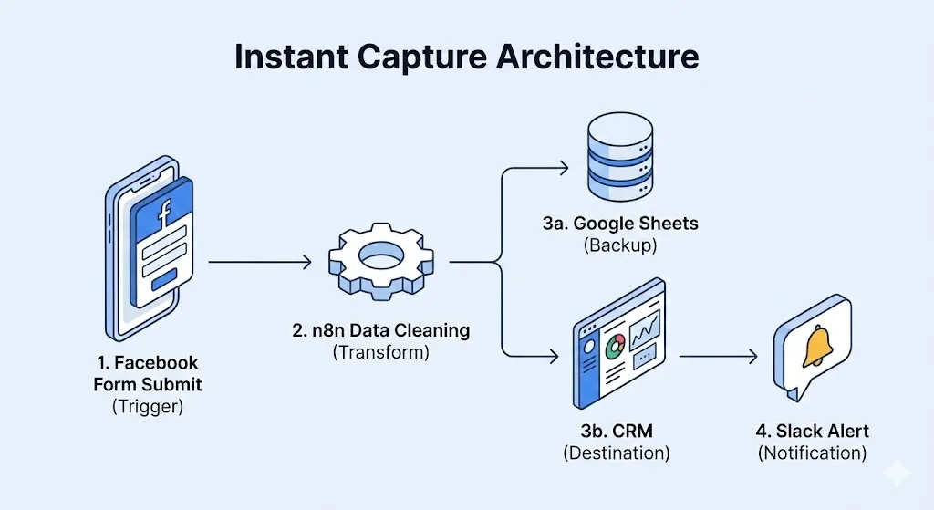 Isometric flowchart titled "Instant Capture Architecture" showing the four-step automation process: 1. Facebook Form Submit (Trigger) on a mobile phone, 2. n8n Data Cleaning (Transform) via a gear icon, 3. Google Sheets (Backup) and CRM (Destination), and 4. Slack Alert (Notification) via a bell icon.Branded with whoisalfaz.me by Alfaz Mahmud Rizve