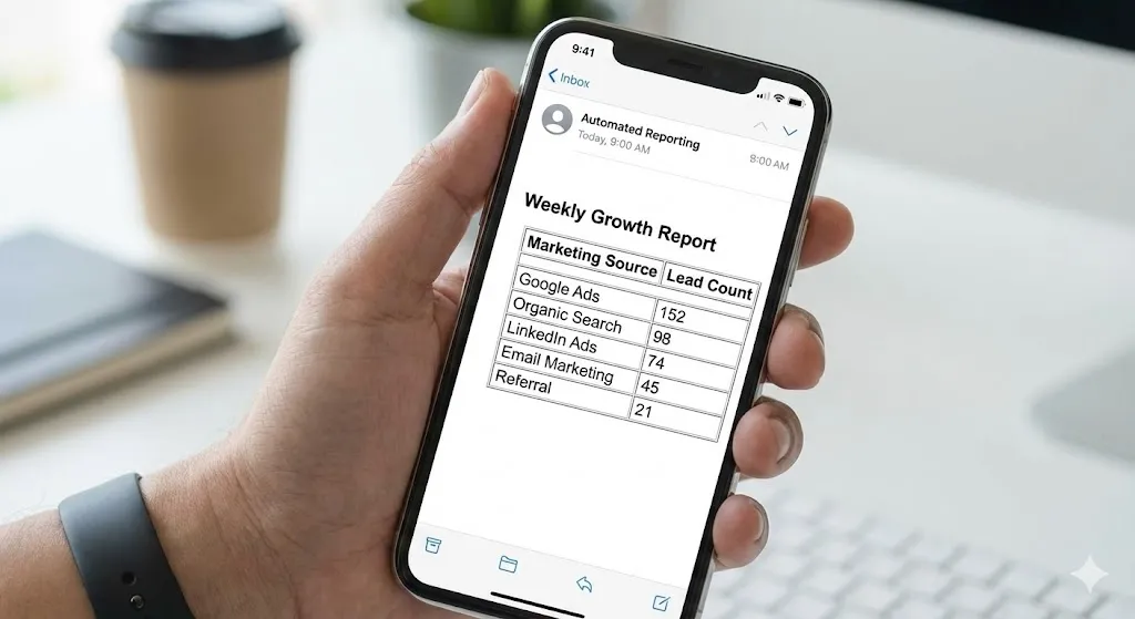 Example of an automated marketing reporting email displayed on a mobile device with a lead summary table at whoisalfaz.me with alfaz mahmud rizve