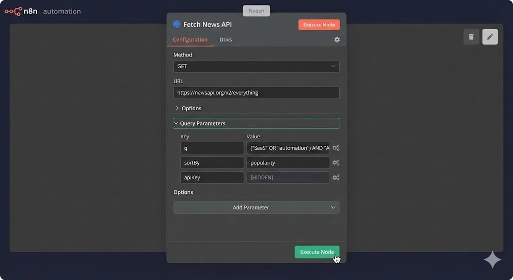 Configuring the HTTP Request node for automated content research in n8n by Alfaz Mahmud Rizve.