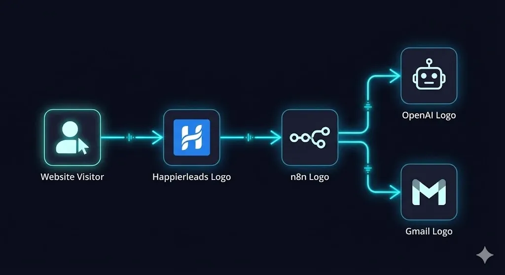 n8n automation workflow diagram showing how to automate B2B lead capture from Happierleads webhooks to cold email drafts..by alfaz mahmud rizve at whoisalfaz.me