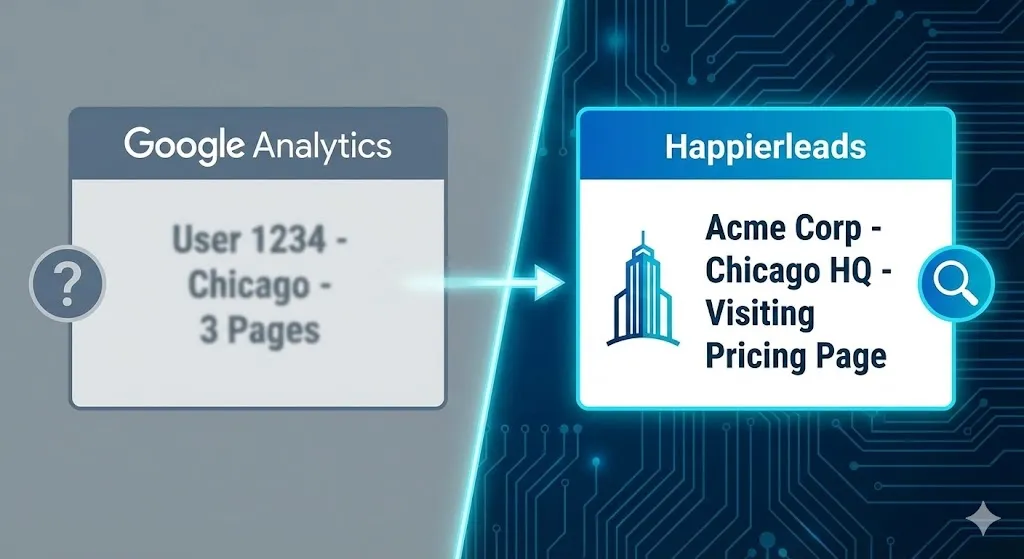 Comparison of anonymous Google Analytics data versus Happierleads company identification, demonstrating outstanding ideas for B2B lead capture.by alfaz mahmud rizve at whoisalfaz.me