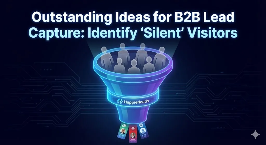 Featured image titled "Outstanding Ideas for B2B Lead Capture: Identify 'Silent' Visitors," showing anonymous figures entering a funnel labeled "Happierleads" and emerging as identified corporate profiles.by alfaz mahmud rizve at whoisalfaz.me