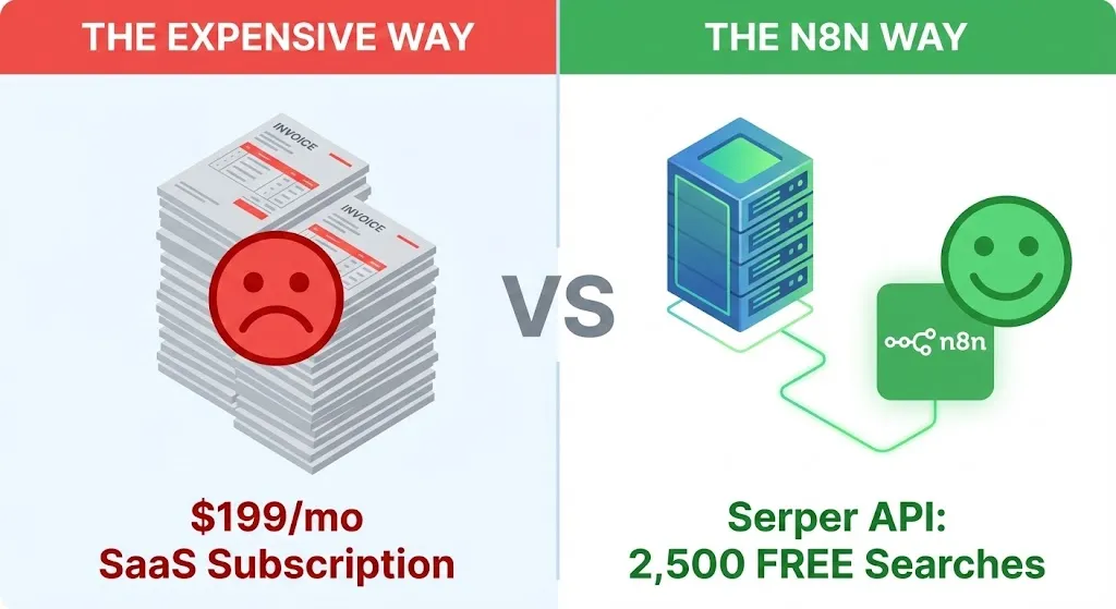 Cost comparison infographic showing expensive expensive SEO software subscriptions versus the free automated rank tracker tool using n8n and the Serper.dev API.by Alfaz Mahmud Rizve at whoisalfaz.me