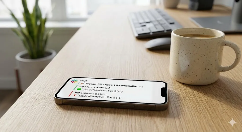The final automated weekly SEO report summary delivered via Slack notification on a smartphone, showing keyword position changes.by Alfaz Mahmud Rizve at whoisalfaz.me