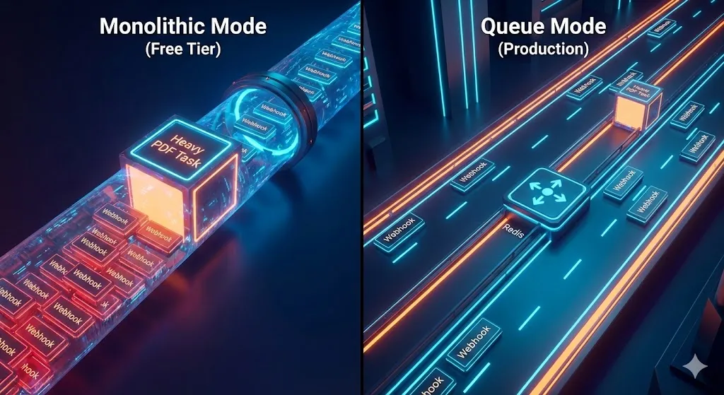 A comparison diagram showing the single-lane traffic jam of monolithic n8n versus the efficient parallel processing of Queue Mode, illustrating production workflow architecture concepts by Alfaz Mahmud Rizve