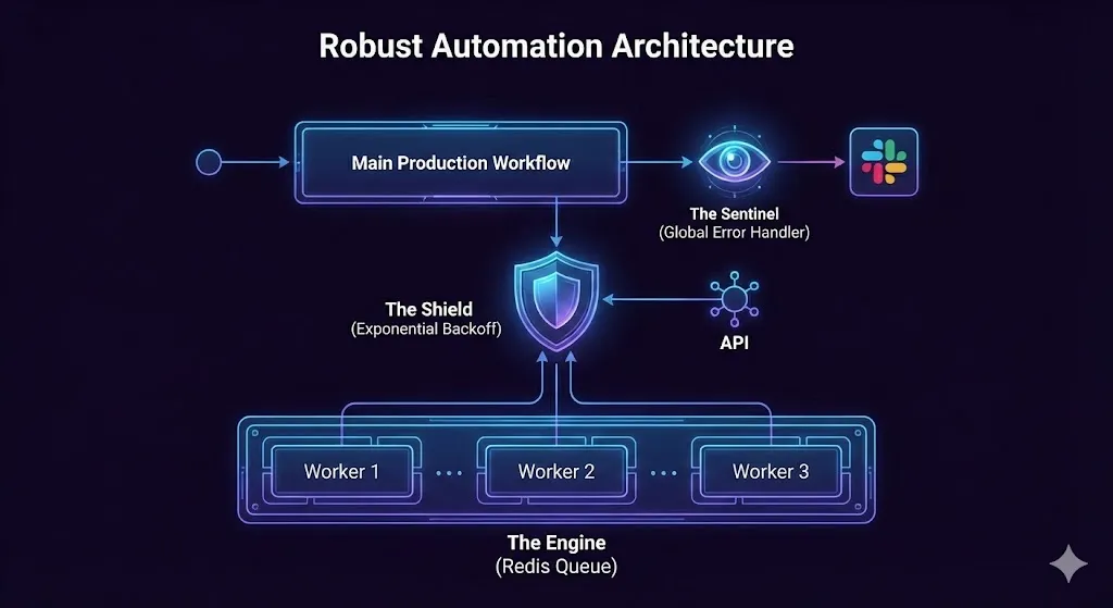 A technical blueprint diagram illustrating the three layers of an Agency-Grade n8n Production Workflow: The Sentinel, The Shield, and The Engine, designed by Alfaz Mahmud Rizve.
