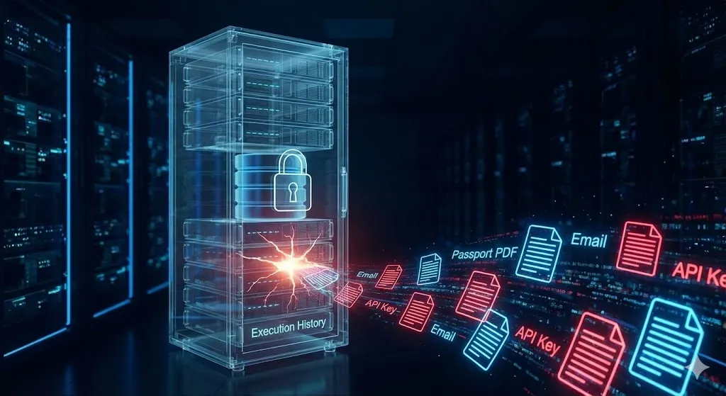 A futuristic server in a data center with a glowing crack labeled "Execution History" leaking streams of digital files containing sensitive data like emails and passports by alfaz mahmud rizve at whoisalfaz.me