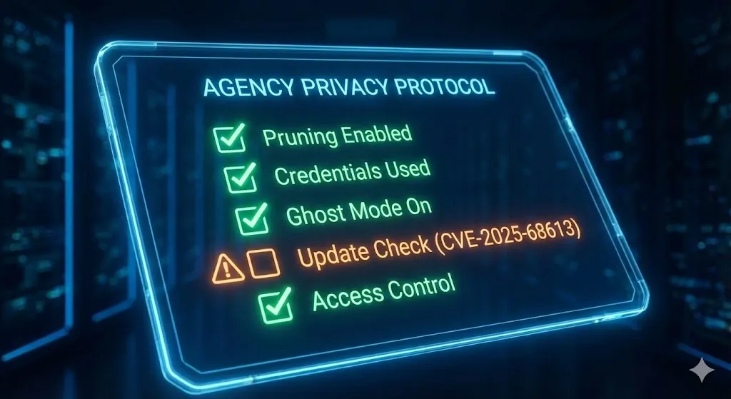 A close-up of a digital tablet displaying an "AGENCY PRIVACY PROTOCOL" checklist with items like "Pruning Enabled," "Credentials Used," and an unchecked warning for an update by alfaz mahmud rizve at whoisalfaz.me