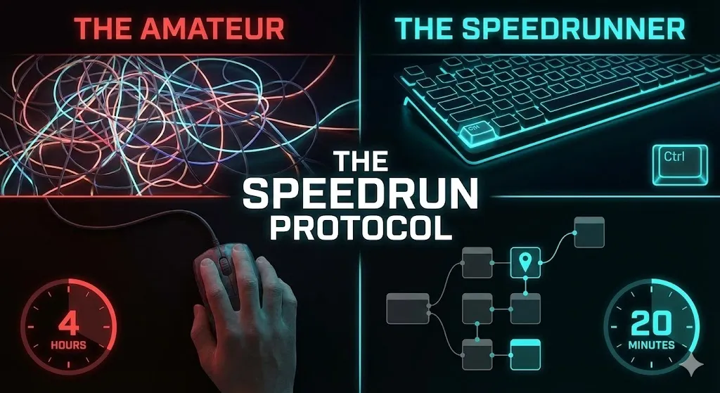 A split-screen comparison showing a slow, tangled manual workflow building process versus a fast, clean "Speedrun Protocol" using keyboard shortcuts and pinning, ,alfaz mahmud rizve shared n8n tips and tricks