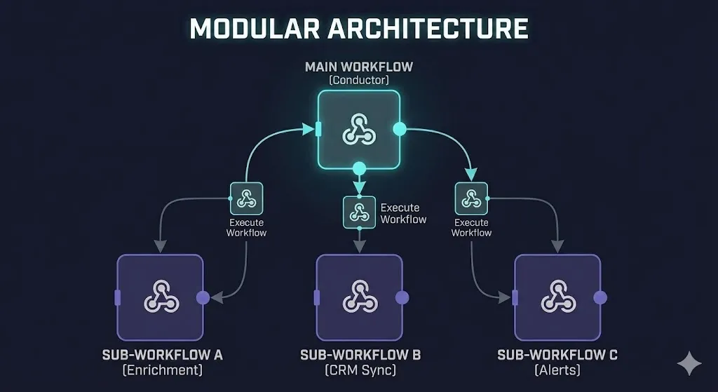 A diagram illustrating a modular n8n workflow architecture, showing a main conductor workflow calling smaller, reusable sub-workflows for Enrichment, CRM, and Alerts.