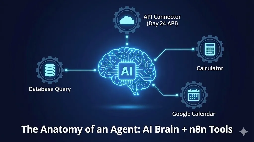 Diagram showing an AI "Brain" icon connected to multiple "Tool" icons (Database, API, Calculator) via n8n by Alfaz mahmud rizve at whoisalfaz.me