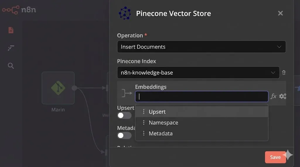 8n screenshot showing the Pinecone Vector Store node configuration for inserting documents n8n rag by Alfaz mahmud rizve at whoisalfaz.me