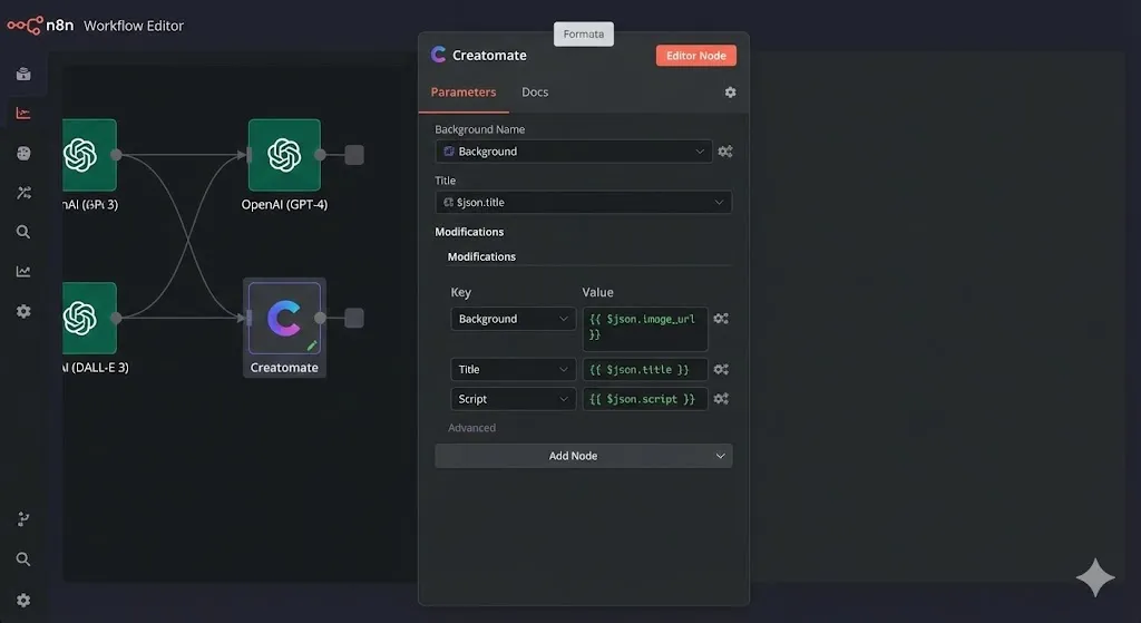 Screenshot of the Creatomate node in n8n showing the "Modifications" section where AI data is mapped to video elements for Automated YouTube Shorts Generator by alfaz mahmud rizve at whoisalfaz.me