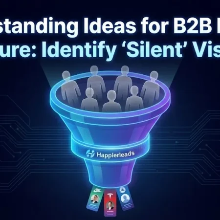 Featured image titled "Outstanding Ideas for B2B Lead Capture: Identify 'Silent' Visitors," showing anonymous figures entering a funnel labeled "Happierleads" and emerging as identified corporate profiles.by alfaz mahmud rizve at whoisalfaz.me